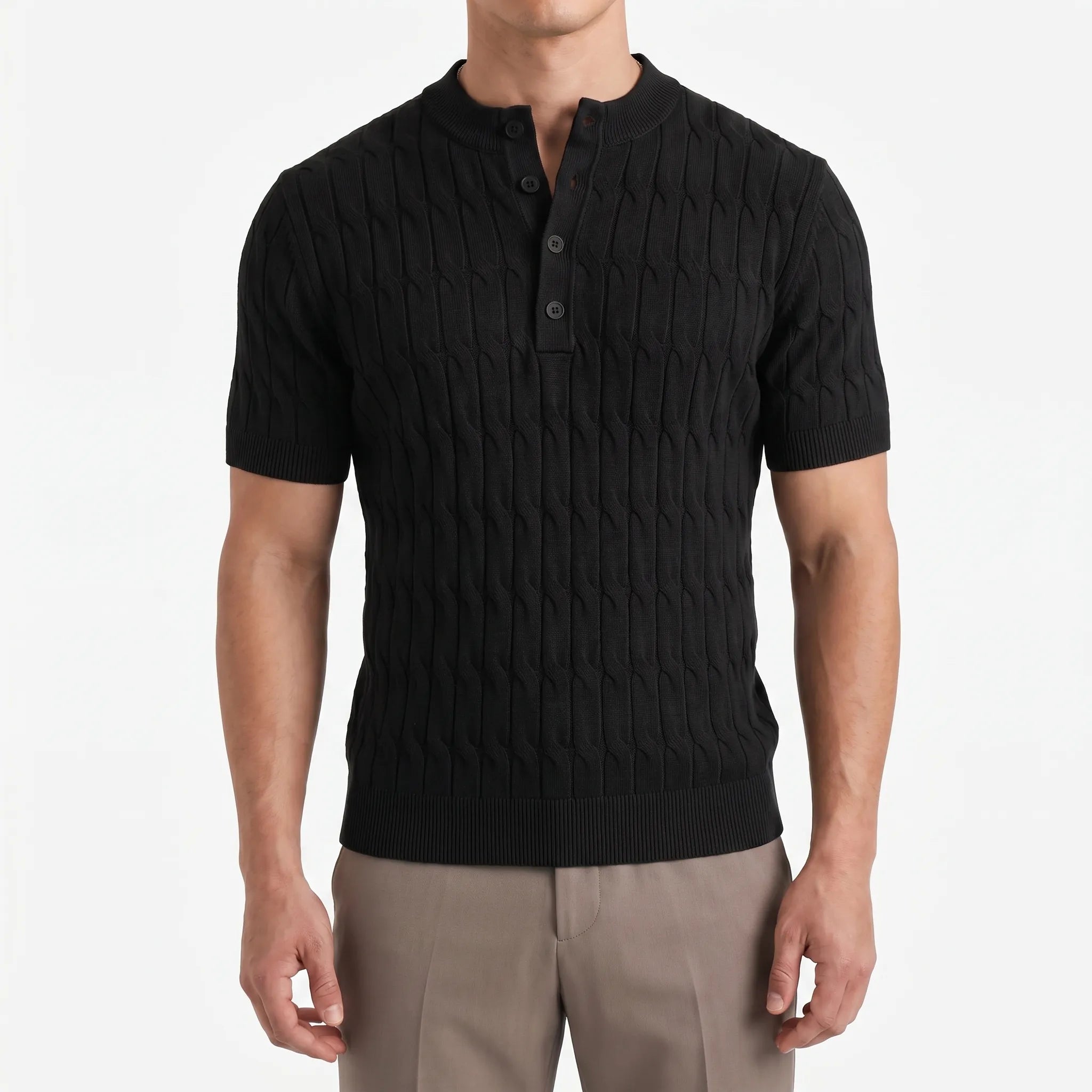 Cabelon - Cable-Knit Short-Sleeved Henley Shirt 