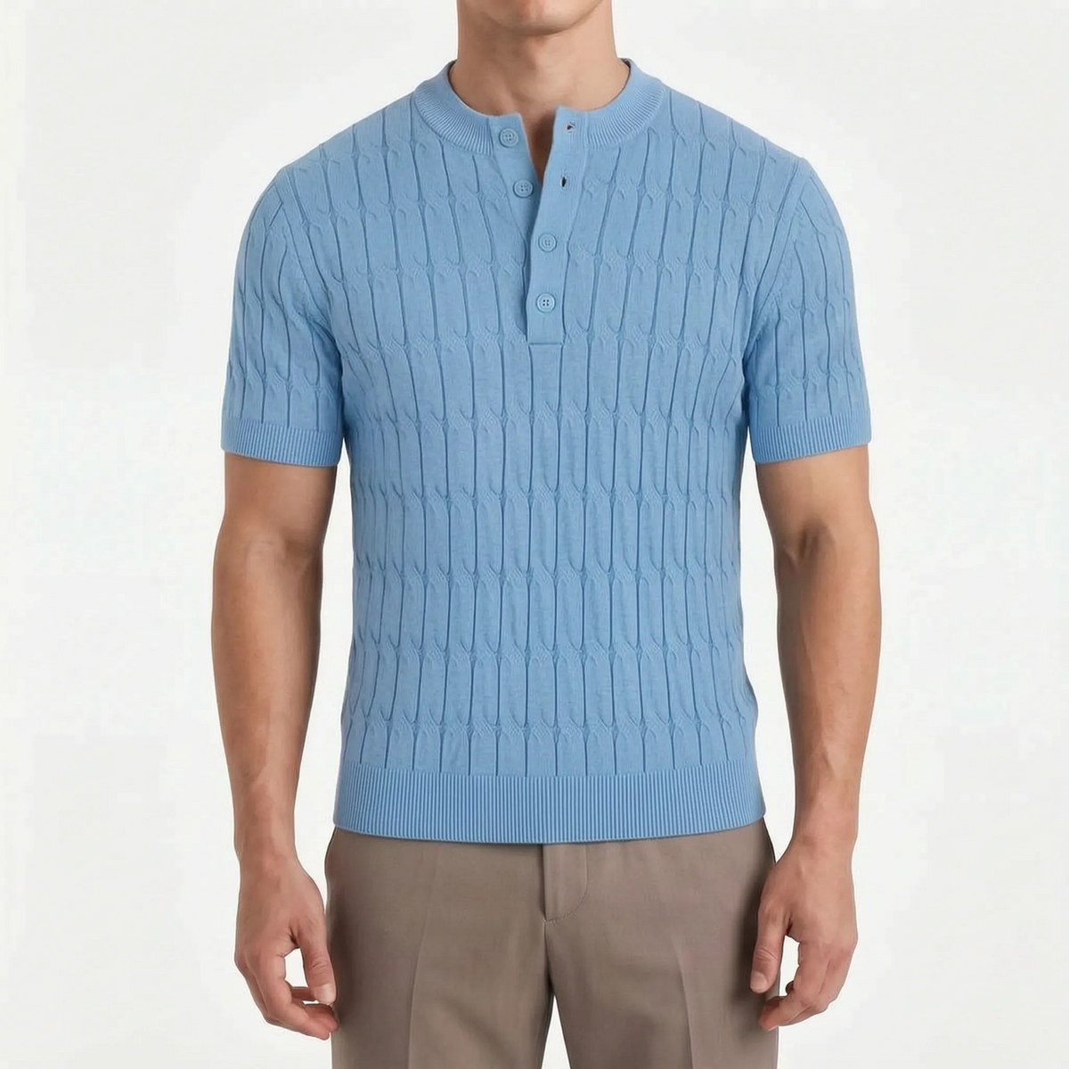 Cabelon - Cable-Knit Short-Sleeved Henley Shirt 