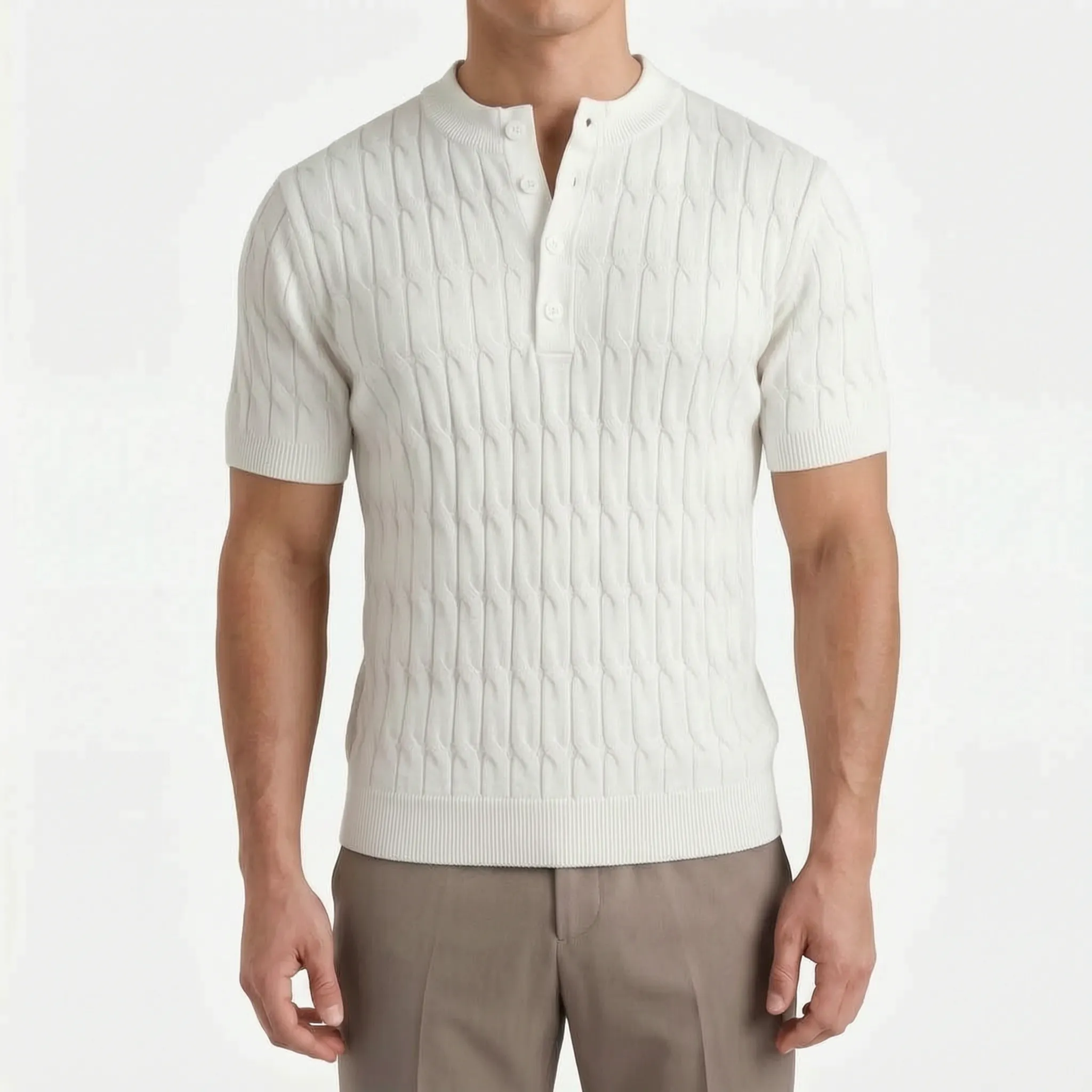 Cabelon - Cable-Knit Short-Sleeved Henley Shirt 