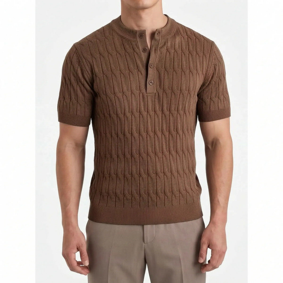 Cabelon - Cable-Knit Short-Sleeved Henley Shirt 