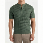 Cabelon - Cable-Knit Short-Sleeved Henley Shirt 