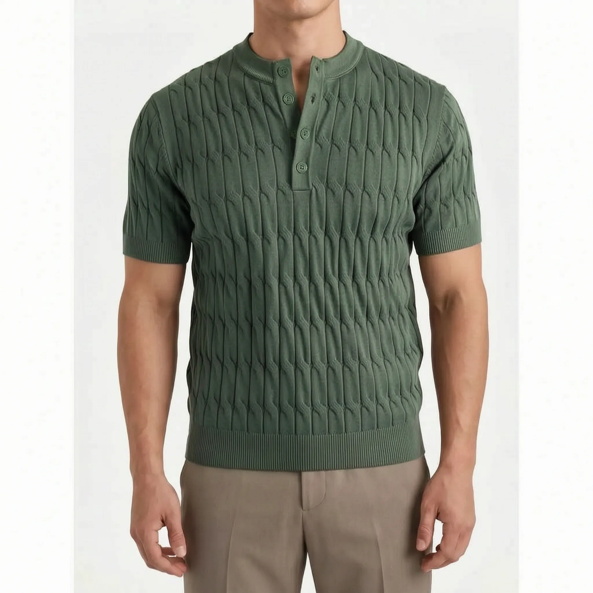 Cabelon - Cable-Knit Short-Sleeved Henley Shirt 