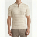Cabelon - Cable-Knit Short-Sleeved Henley Shirt 