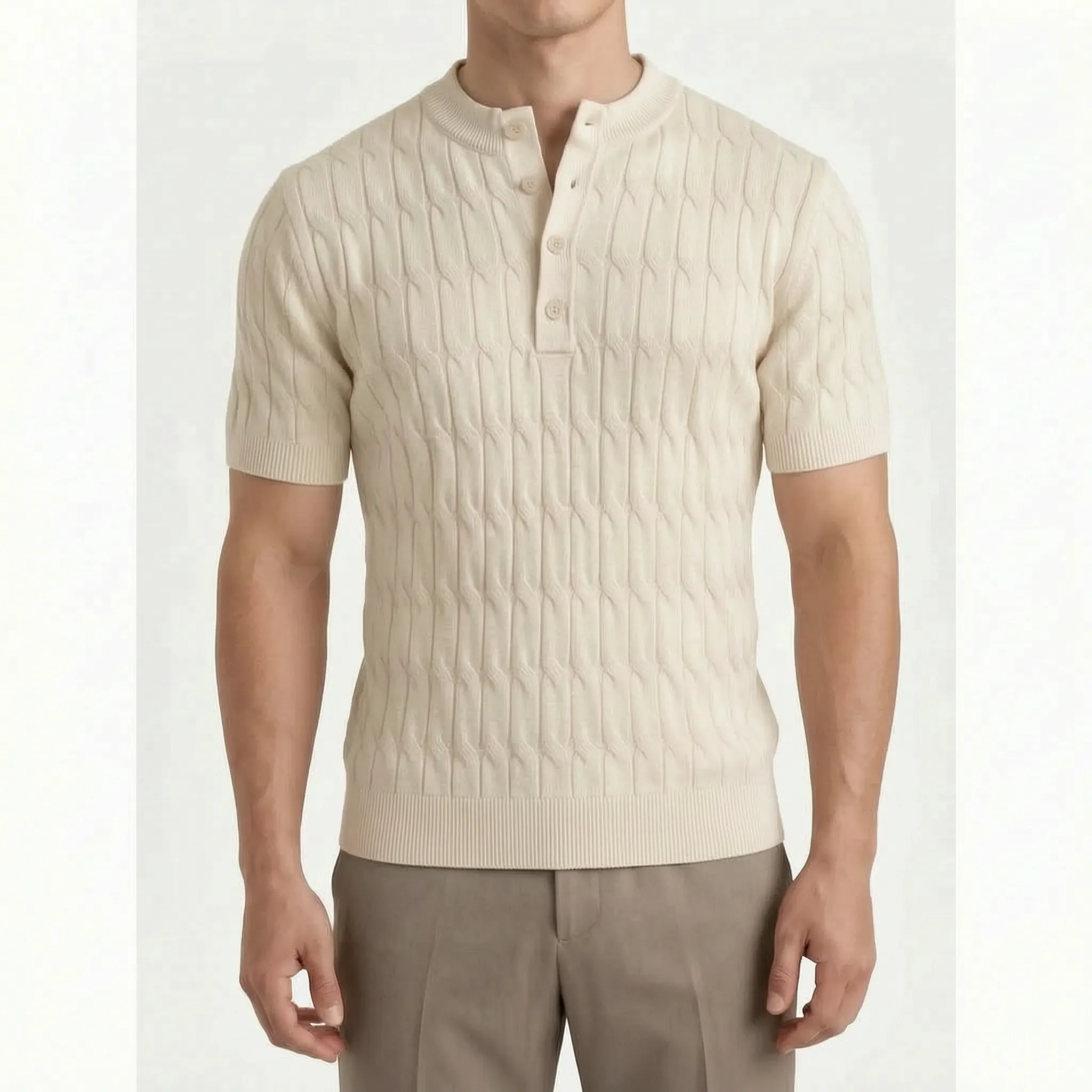 Cabelon - Cable-Knit Short-Sleeved Henley Shirt 