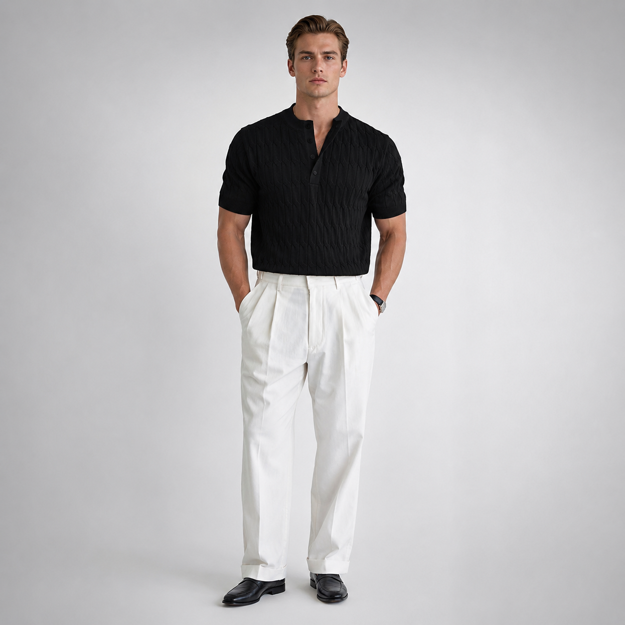 Cablure - Smart-Casual Collarless Top  Knitvora