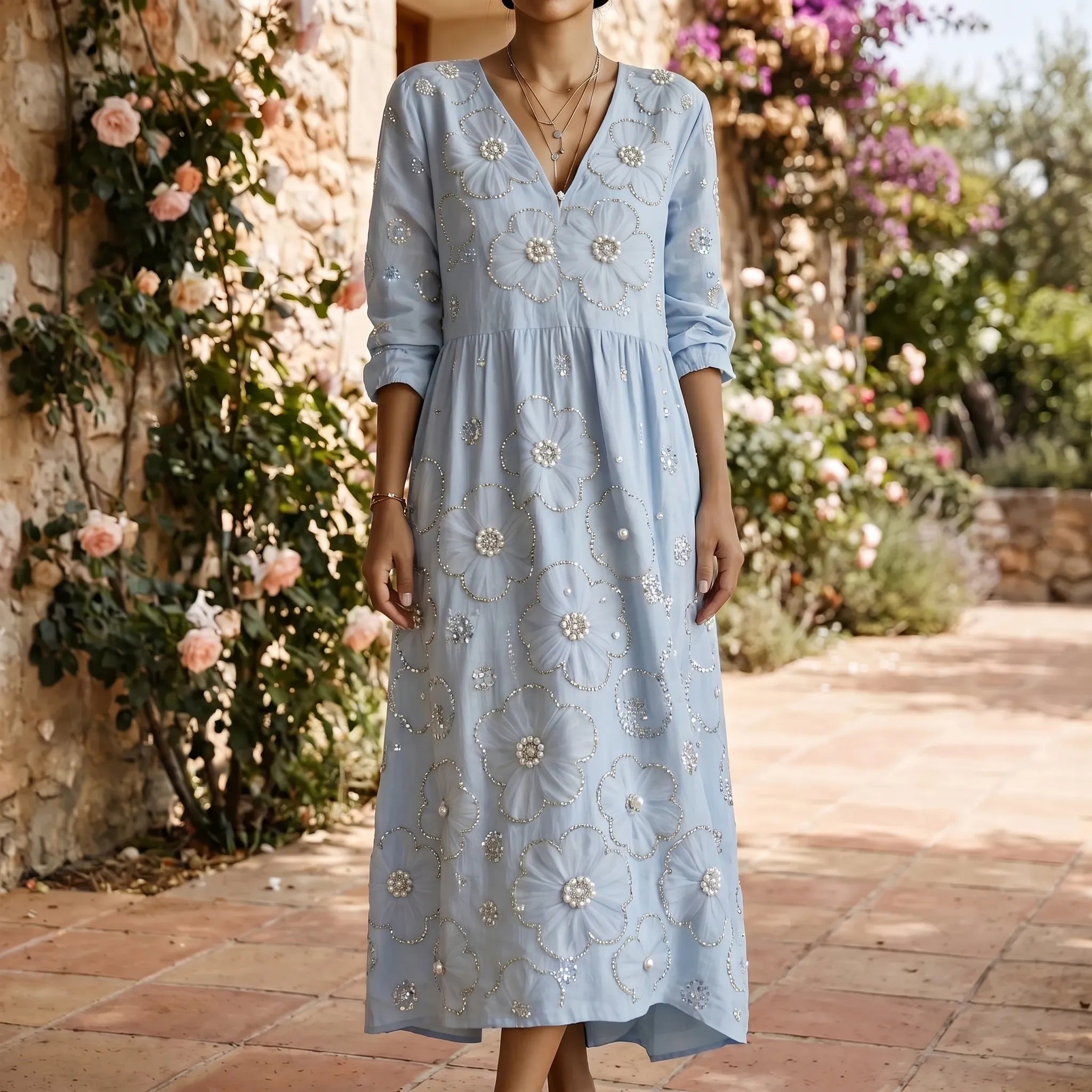 Floralia - Relaxed Fit Long Sleeve Midi Dress 