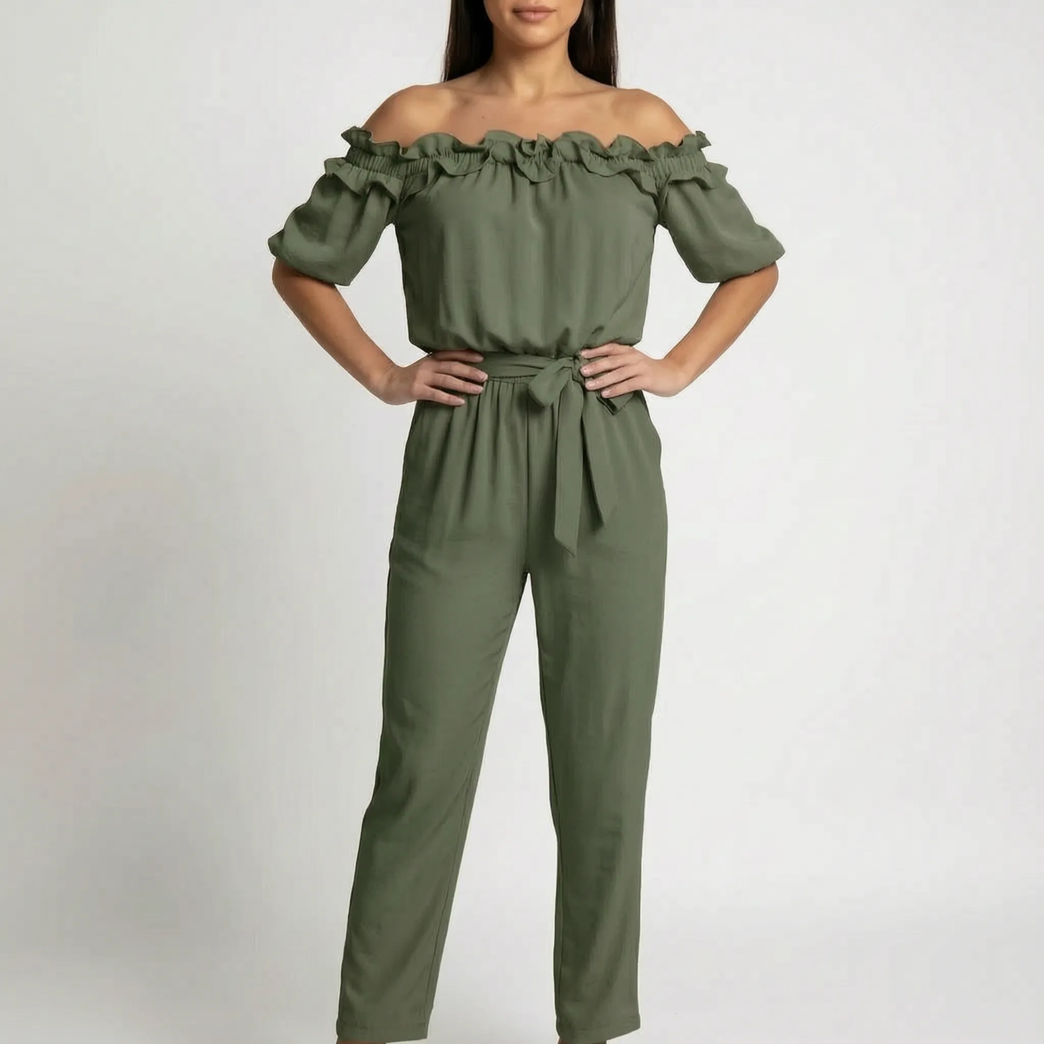RuffleChic - Off-Shoulder Ruffled Summer Jumpsuit 
