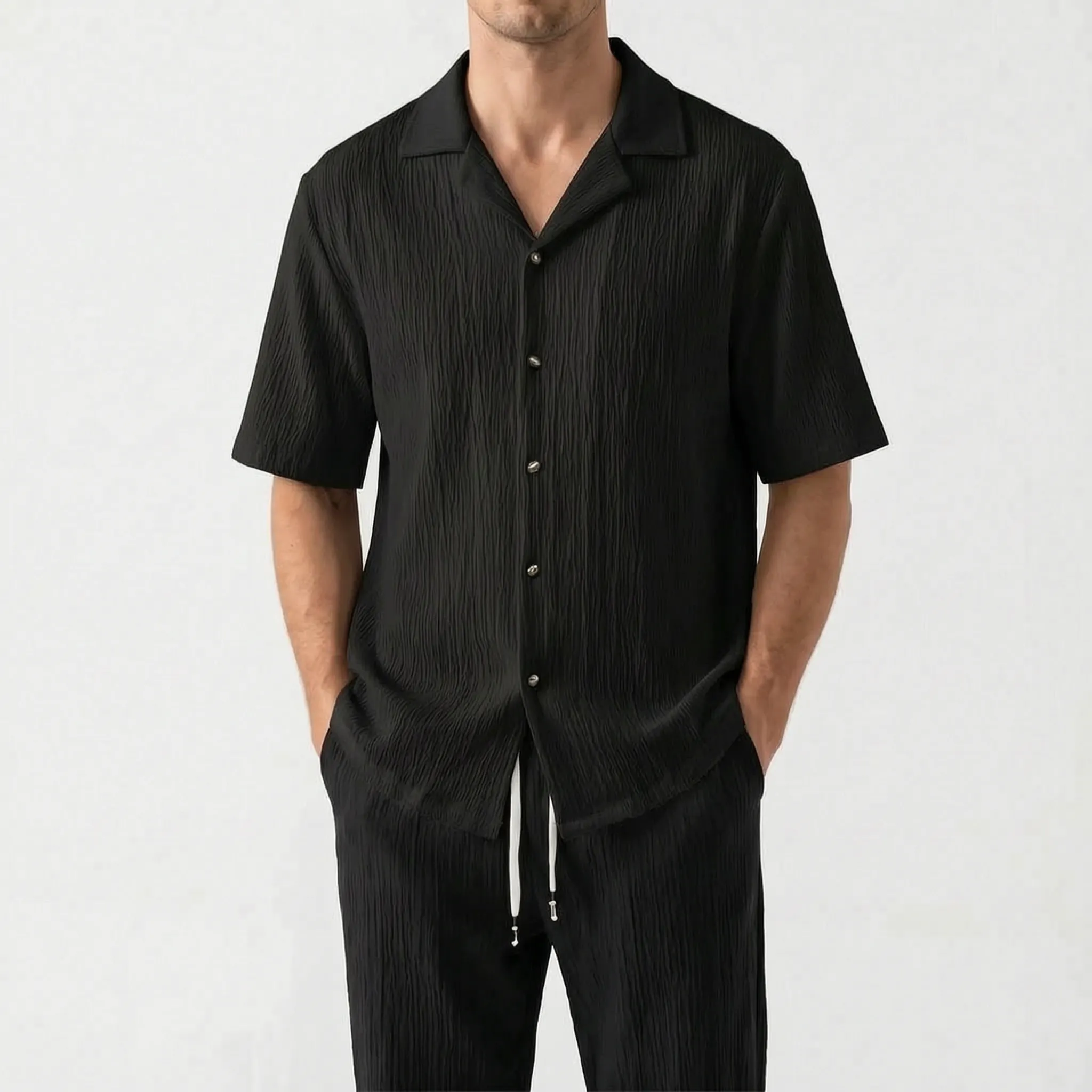 Vespera - Textured Short Sleeve Co-Ord Set 